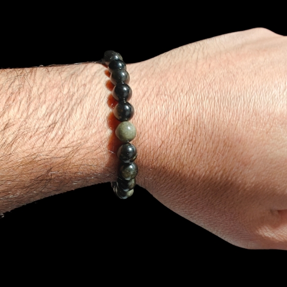 Gold Obsidian Bracelet Natural Stones 8mm Unisex Stretch Bracelet - Picture 3 of 5
